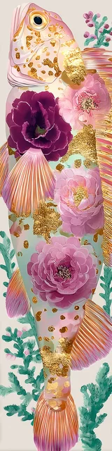 Free printable fish bookmark featuring huge flowers on fish back